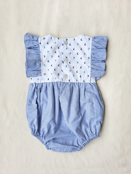Baby Romper with frills and bloomers in blue | Babydräkt med volanger och bloomers i blått