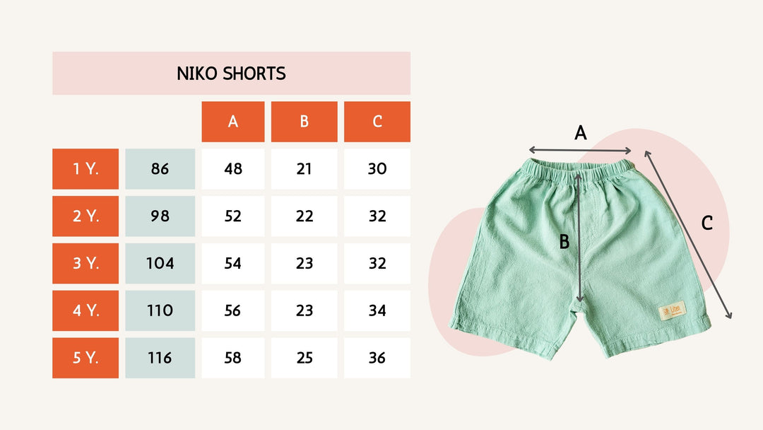 Niko Cotton Shorts Size Chart for kids | Niko bomullshorts storlekstabell för barn