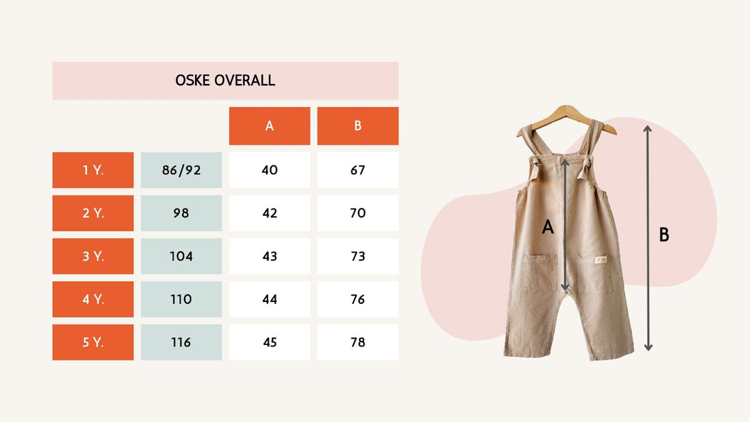 Size chart for Oske Overall made of natural Peruvian tocuyo cotton by Liten Aventuris. | Storlekstabell för Oske-overall gjord av naturlig peruansk tocuyo-bomull från Liten Aventuris. | Tabla de medidas para el overol Oske hecho de algodón tocuyo peruano natural de Liten Aventuris.